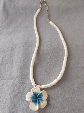 OCEAN BLUE WHITE PLUMERIA PENDANT PUKA SHELL NECKLACE CHOKER EXTENDER